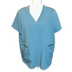 Figs Technical Collection Women’s L Blue Scrub Top Zipper Pockets Tropical Trim